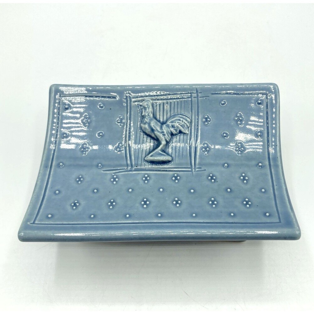Studio Art Pottery Rooster Chicken Pedestal Soap Trinket Dish Ceramic Signed JB